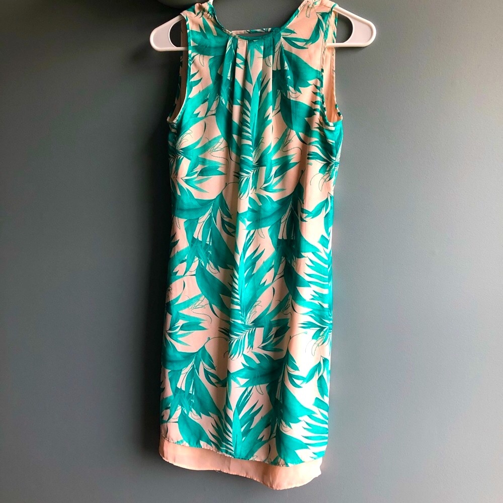 Tropical leaf print peach and teal shift dress